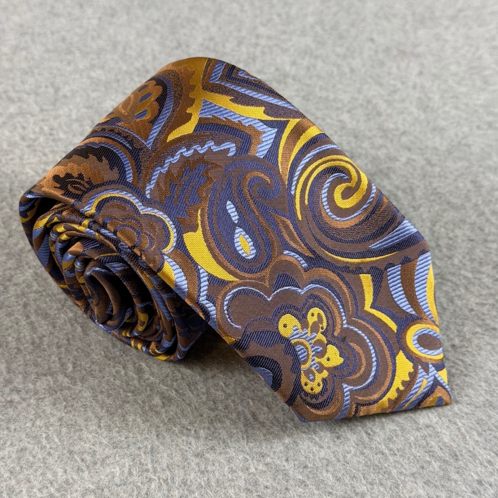 Ben Sherman Mens Silk Necktie Brown Blue Yellow Floral Paisley Hand Made 1693